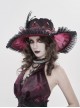Wine Red Glossy Organza Black Ruffles Edge Foldable Gorgeous Rose Curled Feathers Decoration Gothic Style Big Hat