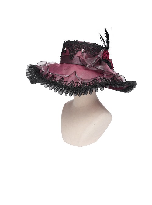 Wine Red Glossy Organza Black Ruffles Edge Foldable Gorgeous Rose Curled Feathers Decoration Gothic Style Big Hat