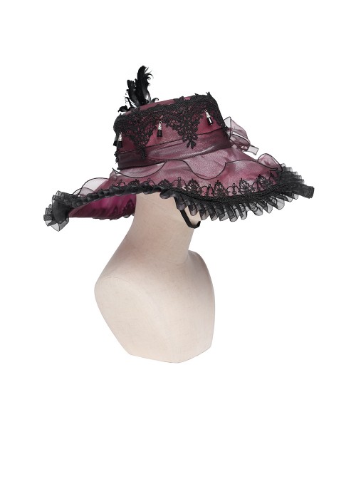 Wine Red Glossy Organza Black Ruffles Edge Foldable Gorgeous Rose Curled Feathers Decoration Gothic Style Big Hat