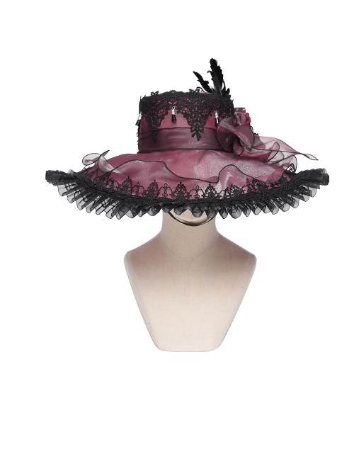 Wine Red Glossy Organza Black Ruffles Edge Foldable Gorgeous Rose Curled Feathers Decoration Gothic Style Big Hat