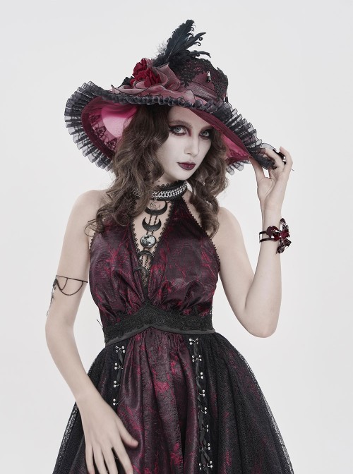 Wine Red Glossy Organza Black Ruffles Edge Foldable Gorgeous Rose Curled Feathers Decoration Gothic Style Big Hat