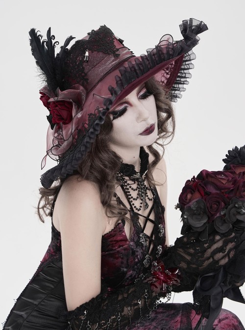 Wine Red Glossy Organza Black Ruffles Edge Foldable Gorgeous Rose Curled Feathers Decoration Gothic Style Big Hat