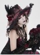 Wine Red Glossy Organza Black Ruffles Edge Foldable Gorgeous Rose Curled Feathers Decoration Gothic Style Big Hat