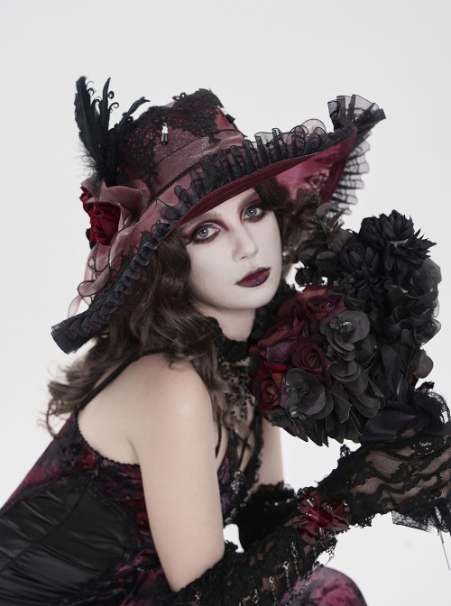 Wine Red Glossy Organza Black Ruffles Edge Foldable Gorgeous Rose Curled Feathers Decoration Gothic Style Big Hat