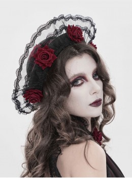 Black Woolen Decorated Brim Semi-Transparent Pleated Organza Lace Red 3D Rose Cute Gothic Style Small Round Cap