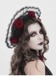 Black Woolen Decorated Brim Semi-Transparent Pleated Organza Lace Red 3D Rose Cute Gothic Style Small Round Cap