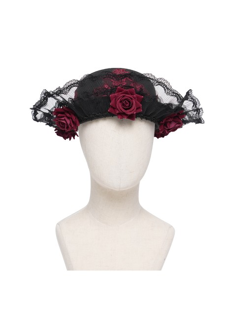 Black Woolen Decorated Brim Semi-Transparent Pleated Organza Lace Red 3D Rose Cute Gothic Style Small Round Cap