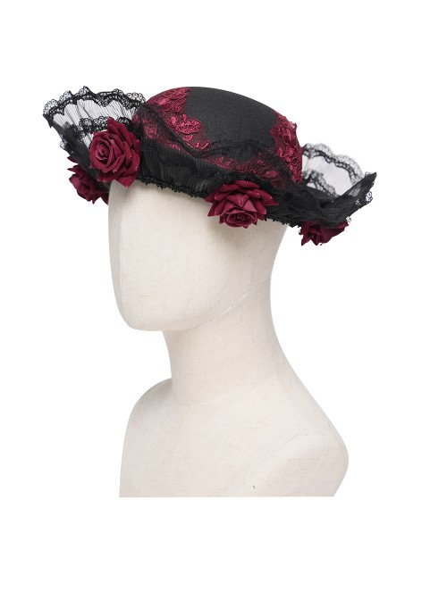 Black Woolen Decorated Brim Semi-Transparent Pleated Organza Lace Red 3D Rose Cute Gothic Style Small Round Cap