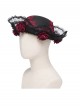 Black Woolen Decorated Brim Semi-Transparent Pleated Organza Lace Red 3D Rose Cute Gothic Style Small Round Cap