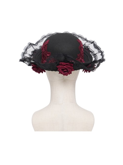 Black Woolen Decorated Brim Semi-Transparent Pleated Organza Lace Red 3D Rose Cute Gothic Style Small Round Cap