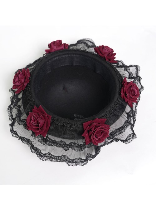 Black Woolen Decorated Brim Semi-Transparent Pleated Organza Lace Red 3D Rose Cute Gothic Style Small Round Cap