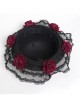Black Woolen Decorated Brim Semi-Transparent Pleated Organza Lace Red 3D Rose Cute Gothic Style Small Round Cap