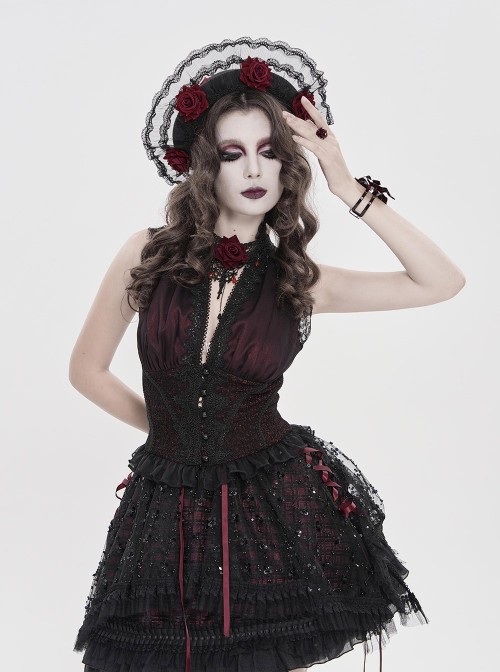 Black Woolen Decorated Brim Semi-Transparent Pleated Organza Lace Red 3D Rose Cute Gothic Style Small Round Cap