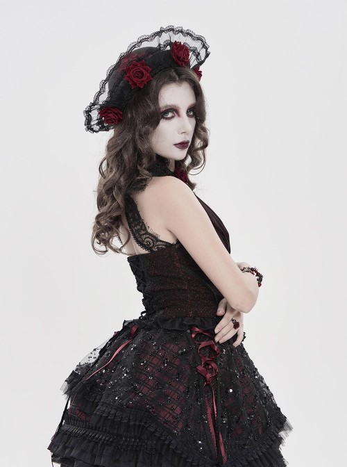 Black Woolen Decorated Brim Semi-Transparent Pleated Organza Lace Red 3D Rose Cute Gothic Style Small Round Cap
