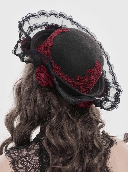 Black Woolen Decorated Brim Semi-Transparent Pleated Organza Lace Red 3D Rose Cute Gothic Style Small Round Cap