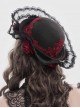 Black Woolen Decorated Brim Semi-Transparent Pleated Organza Lace Red 3D Rose Cute Gothic Style Small Round Cap