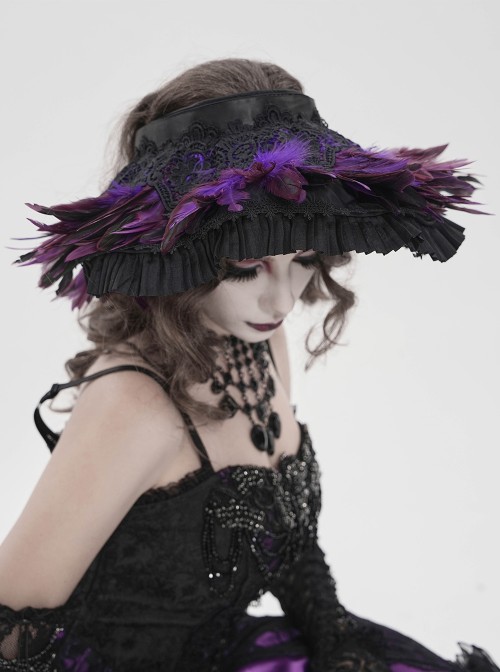 Purple Feather Black Lace Decoration Elegant Mysterious Ruffles Wide-Brimmed Gothic Style Lolita Cartilage Headband