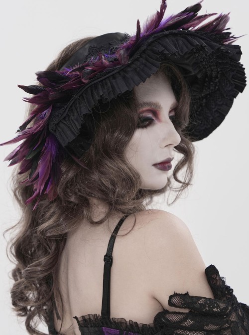 Purple Feather Black Lace Decoration Elegant Mysterious Ruffles Wide-Brimmed Gothic Style Lolita Cartilage Headband