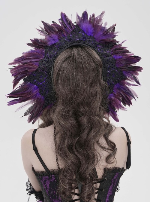 Purple Feather Black Lace Decoration Elegant Mysterious Ruffles Wide-Brimmed Gothic Style Lolita Cartilage Headband
