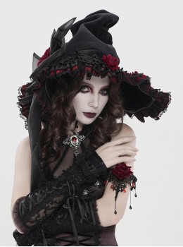 Black Organza Bow 3D Red Rose Decoration Folded Lace Trim Gothic Style Wizard Hat