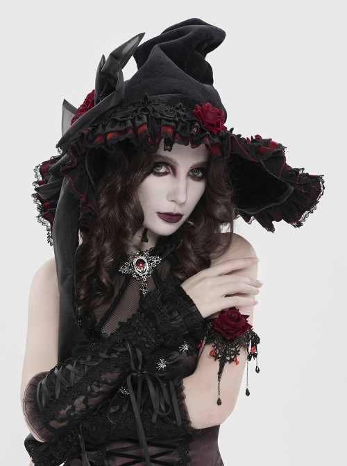 Black Organza Bow 3D Red Rose Decoration Folded Lace Trim Gothic Style Wizard Hat