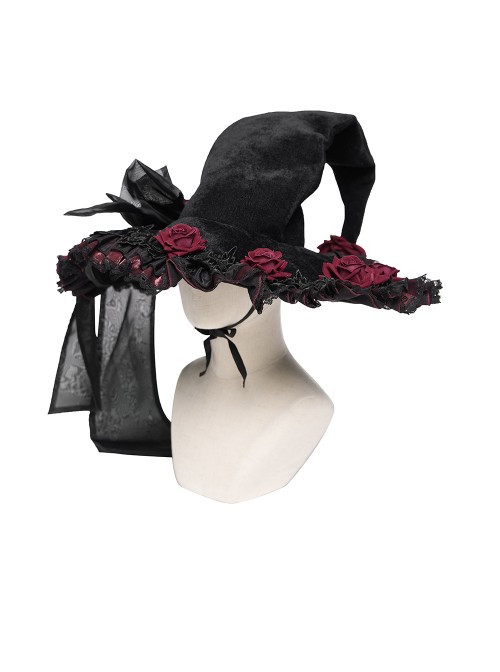 Black Organza Bow 3D Red Rose Decoration Folded Lace Trim Gothic Style Wizard Hat