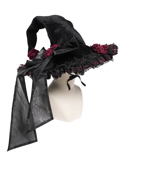 Black Organza Bow 3D Red Rose Decoration Folded Lace Trim Gothic Style Wizard Hat