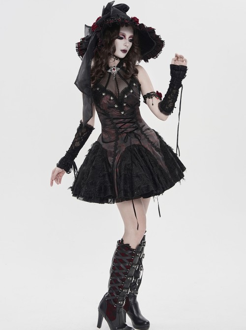 Black Organza Bow 3D Red Rose Decoration Folded Lace Trim Gothic Style Wizard Hat