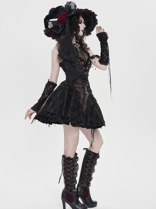 Black Organza Bow 3D Red Rose Decoration Folded Lace Trim Gothic Style Wizard Hat
