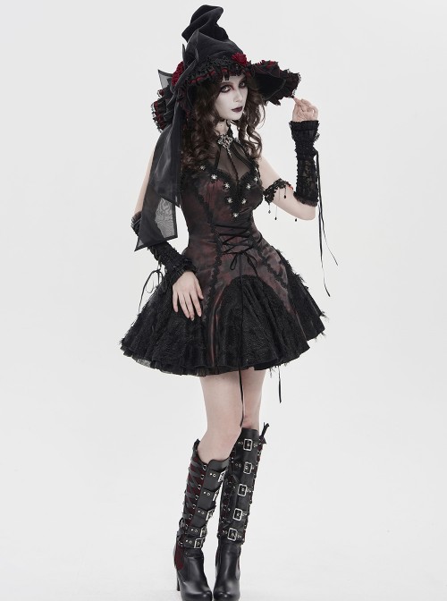 Black Organza Bow 3D Red Rose Decoration Folded Lace Trim Gothic Style Wizard Hat