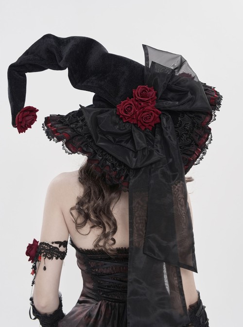 Black Organza Bow 3D Red Rose Decoration Folded Lace Trim Gothic Style Wizard Hat