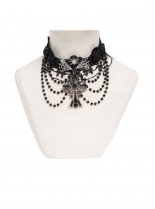Black Bow Tassel Lace Trim Rose Decoration Exquisite Beaded Chains Gorgeous Cross Pendant Gothic Necklace