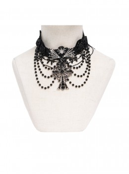 Black Bow Tassel Lace Trim Rose Decoration Exquisite Beaded Chains Gorgeous Cross Pendant Gothic Necklace