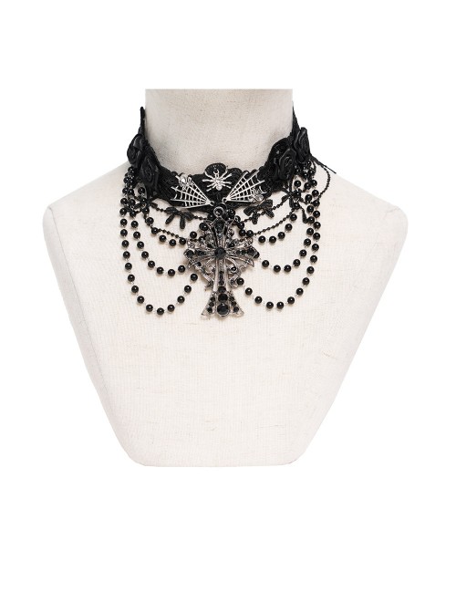 Black Bow Tassel Lace Trim Rose Decoration Exquisite Beaded Chains Gorgeous Cross Pendant Gothic Necklace