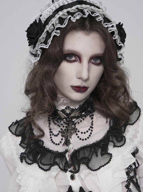Black Bow Tassel Lace Trim Rose Decoration Exquisite Beaded Chains Gorgeous Cross Pendant Gothic Necklace