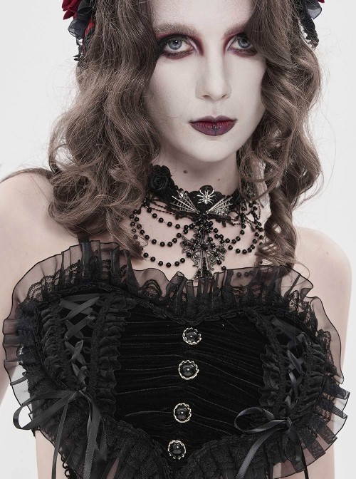Black Bow Tassel Lace Trim Rose Decoration Exquisite Beaded Chains Gorgeous Cross Pendant Gothic Necklace