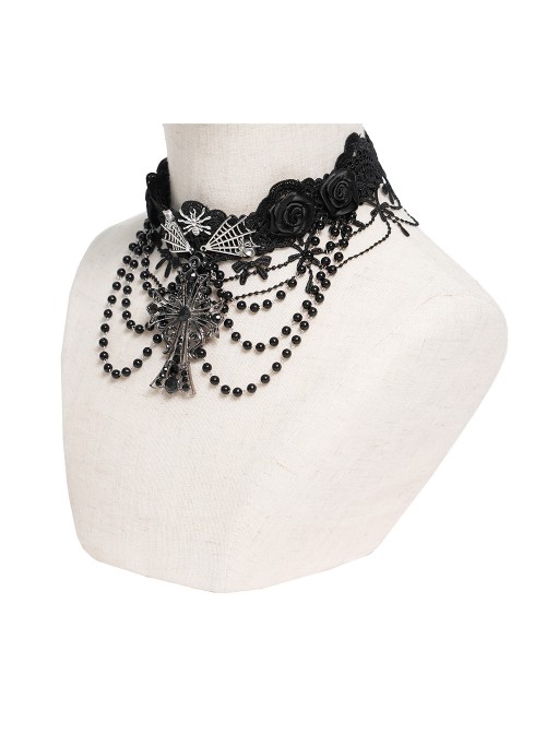 Black Bow Tassel Lace Trim Rose Decoration Exquisite Beaded Chains Gorgeous Cross Pendant Gothic Necklace