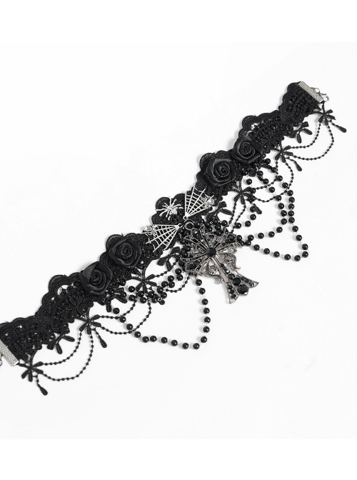 Black Bow Tassel Lace Trim Rose Decoration Exquisite Beaded Chains Gorgeous Cross Pendant Gothic Necklace