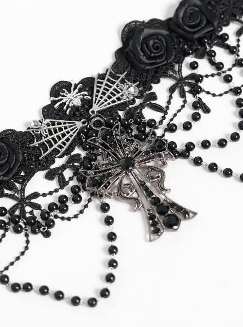 Black Bow Tassel Lace Trim Rose Decoration Exquisite Beaded Chains Gorgeous Cross Pendant Gothic Necklace