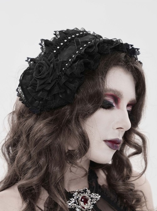 Black Rose Patterned Edges Double-Layered Lace Sides 3D Flowers Decoration Gothic Style Lolita Headband