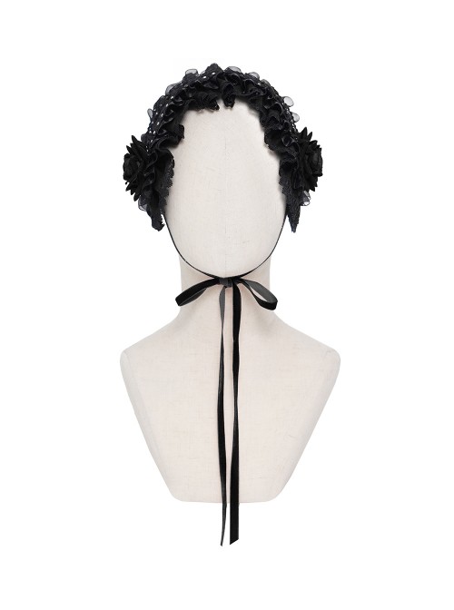 Black Rose Patterned Edges Double-Layered Lace Sides 3D Flowers Decoration Gothic Style Lolita Headband