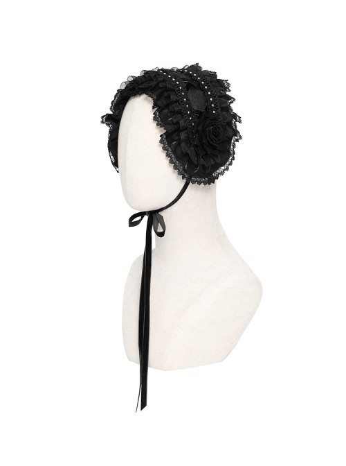 Black Rose Patterned Edges Double-Layered Lace Sides 3D Flowers Decoration Gothic Style Lolita Headband