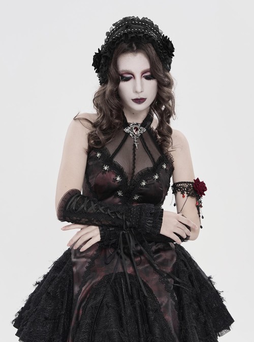 Black Rose Patterned Edges Double-Layered Lace Sides 3D Flowers Decoration Gothic Style Lolita Headband