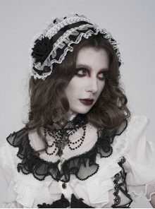 Black Rose Patterned White Double-Layered Lace Edges Sides 3D Flowers Decoration Gothic Style Lolita Headband