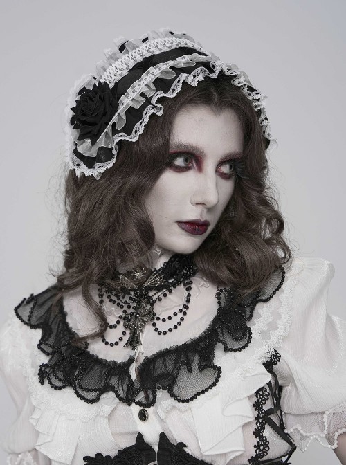Black Rose Patterned White Double-Layered Lace Edges Sides 3D Flowers Decoration Gothic Style Lolita Headband