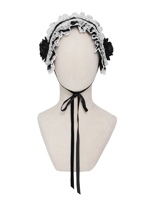Black Rose Patterned White Double-Layered Lace Edges Sides 3D Flowers Decoration Gothic Style Lolita Headband