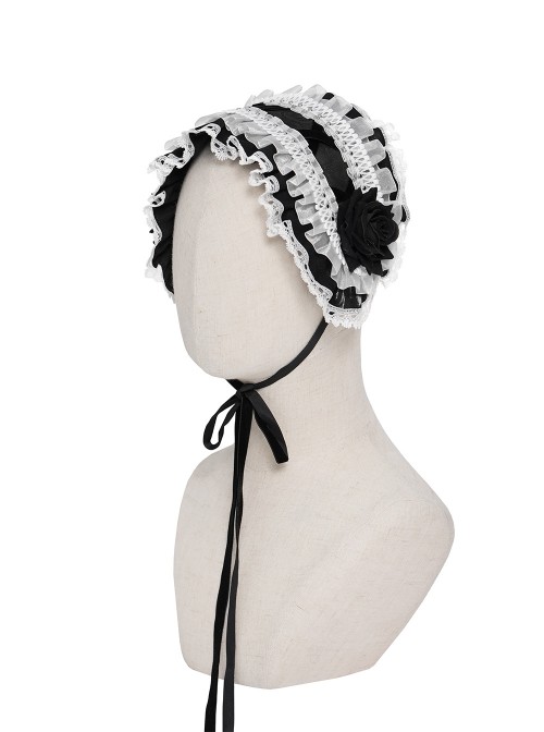 Black Rose Patterned White Double-Layered Lace Edges Sides 3D Flowers Decoration Gothic Style Lolita Headband