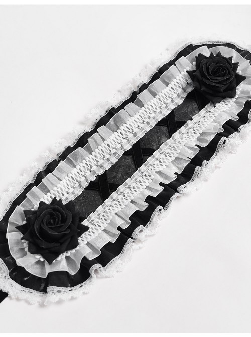 Black Rose Patterned White Double-Layered Lace Edges Sides 3D Flowers Decoration Gothic Style Lolita Headband