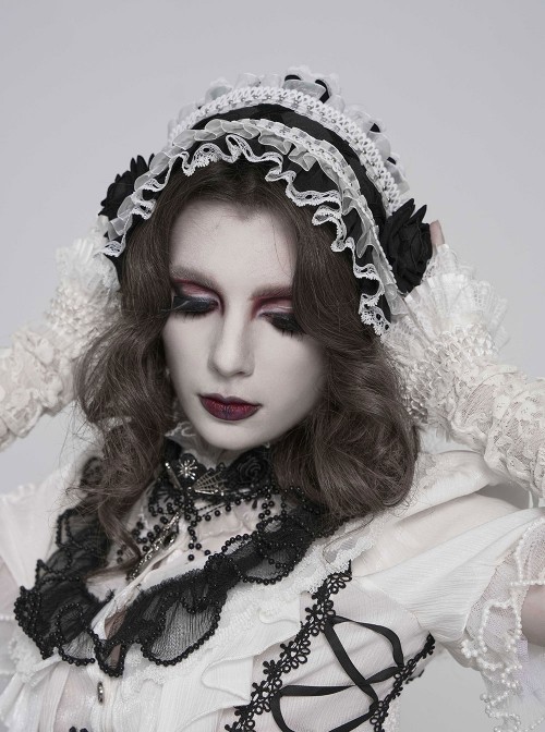 Black Rose Patterned White Double-Layered Lace Edges Sides 3D Flowers Decoration Gothic Style Lolita Headband