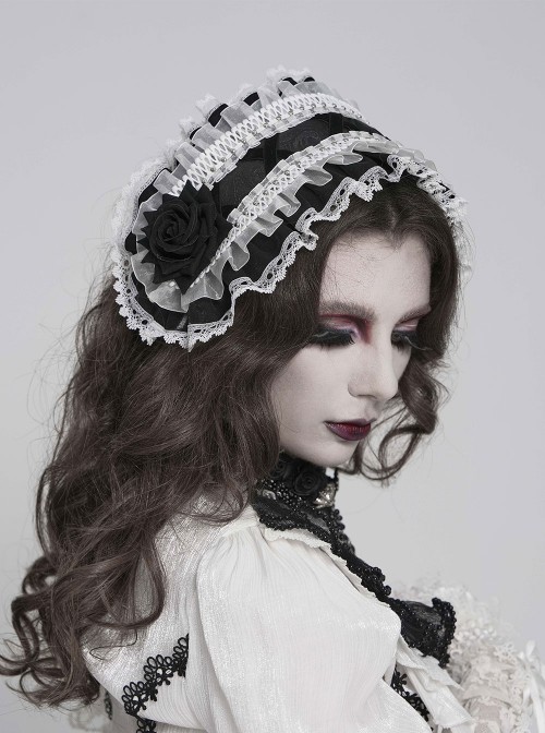Black Rose Patterned White Double-Layered Lace Edges Sides 3D Flowers Decoration Gothic Style Lolita Headband